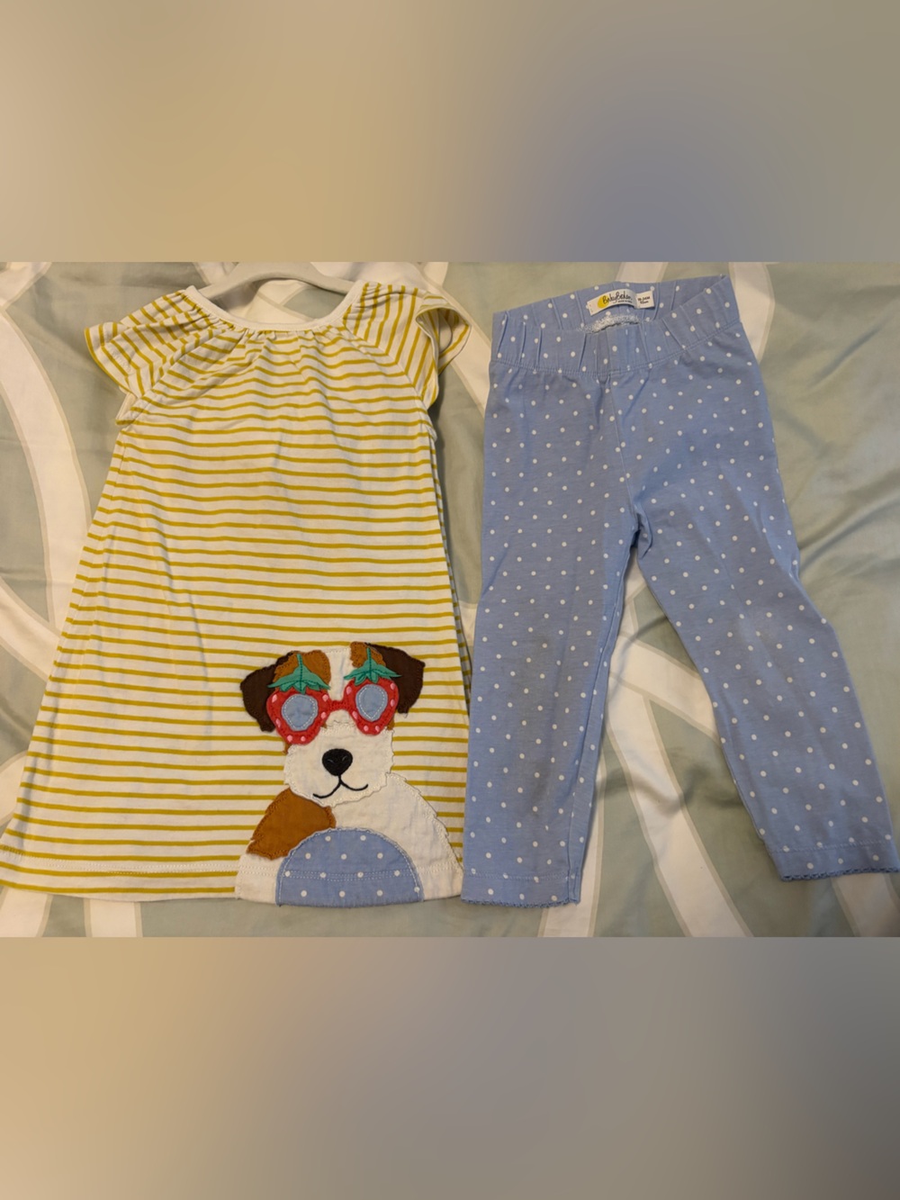 Baby Boden Yellow Striped Top with Blue Polka Dot Pants Set